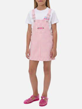 Vestito salopette Tecla Jr in denim a righe rosa con ricamo