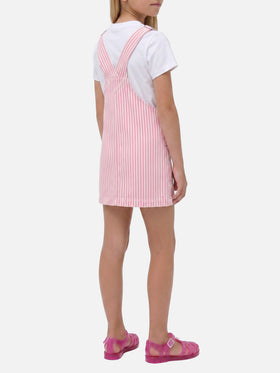 Vestito salopette Tecla Jr in denim a righe rosa con ricamo