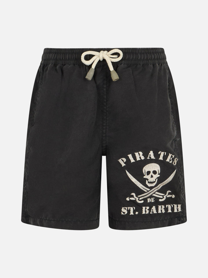 Boy black classic swim-shorts Tender with pirate embroidery - MC2 Saint Barth