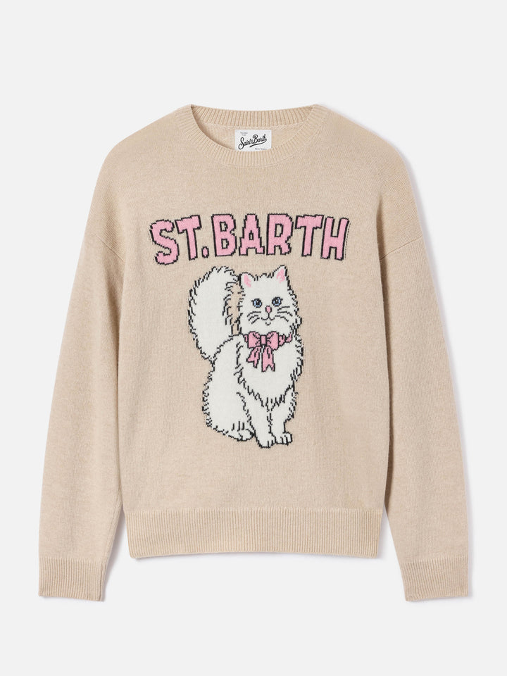 Maglia girocollo Tessa beige in misto lana e cashmere con intarsio gattino