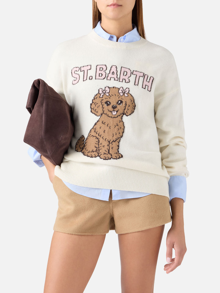 Maglia girocollo Tessa off white in misto lana e cashmere con intarsio barboncino