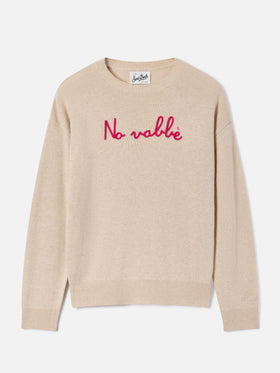 Maglia girocollo Tessa beige in misto lana e cashmere con ricamo No Vabbè