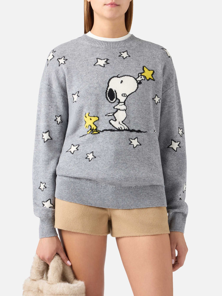 Pull col rond en maille gris Tessa en mélange de laine et cachemire avec intarsia Snoopy | Special edition 