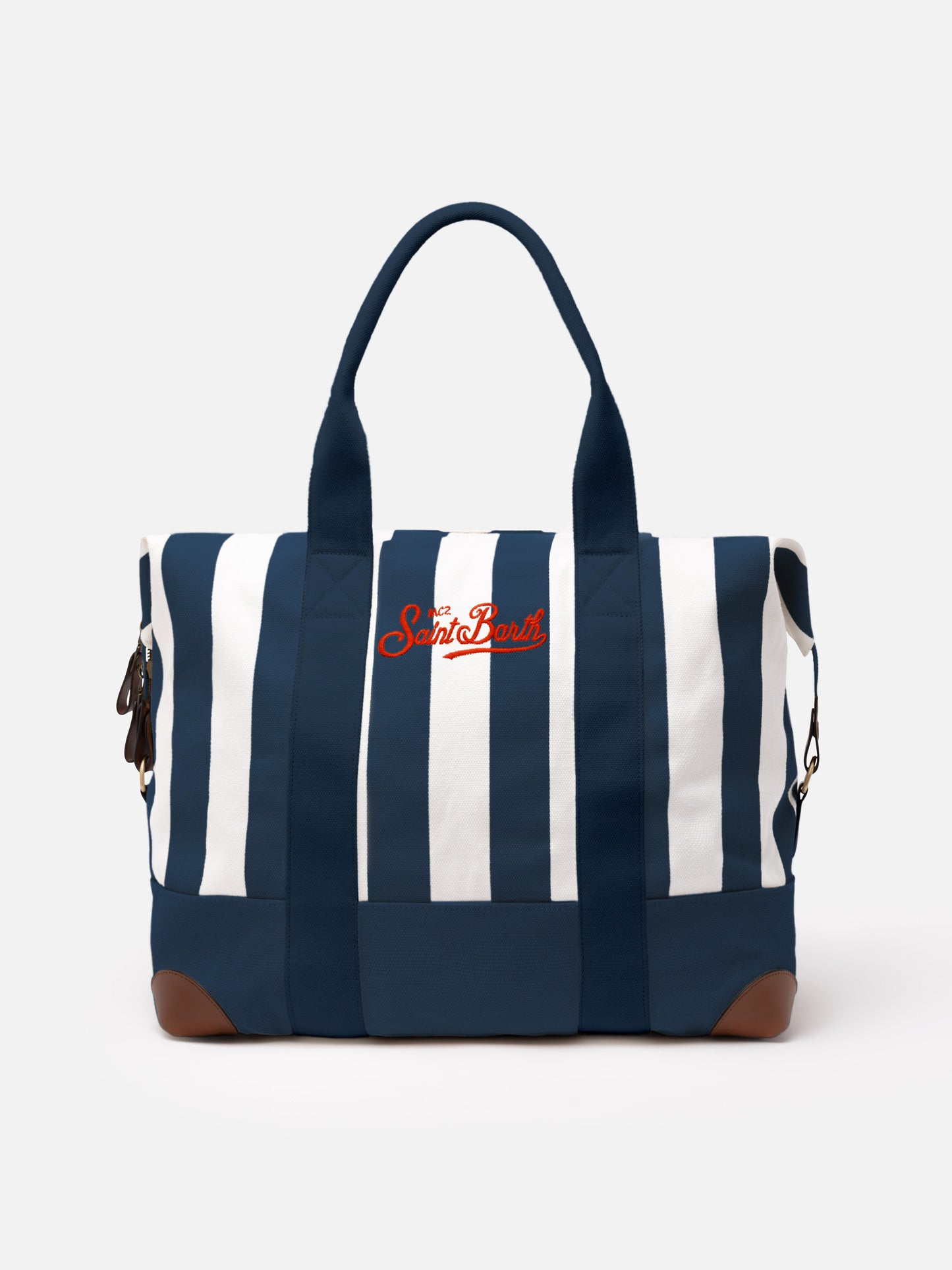 Travel duffel cotton canvas bag with blue striped print