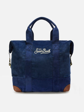 Travel Bag Corduroy Duffel in blue corduroy velvet and suede