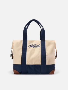 Bolsa de viaje weekender de nylon color crema y azul con logo bordado 