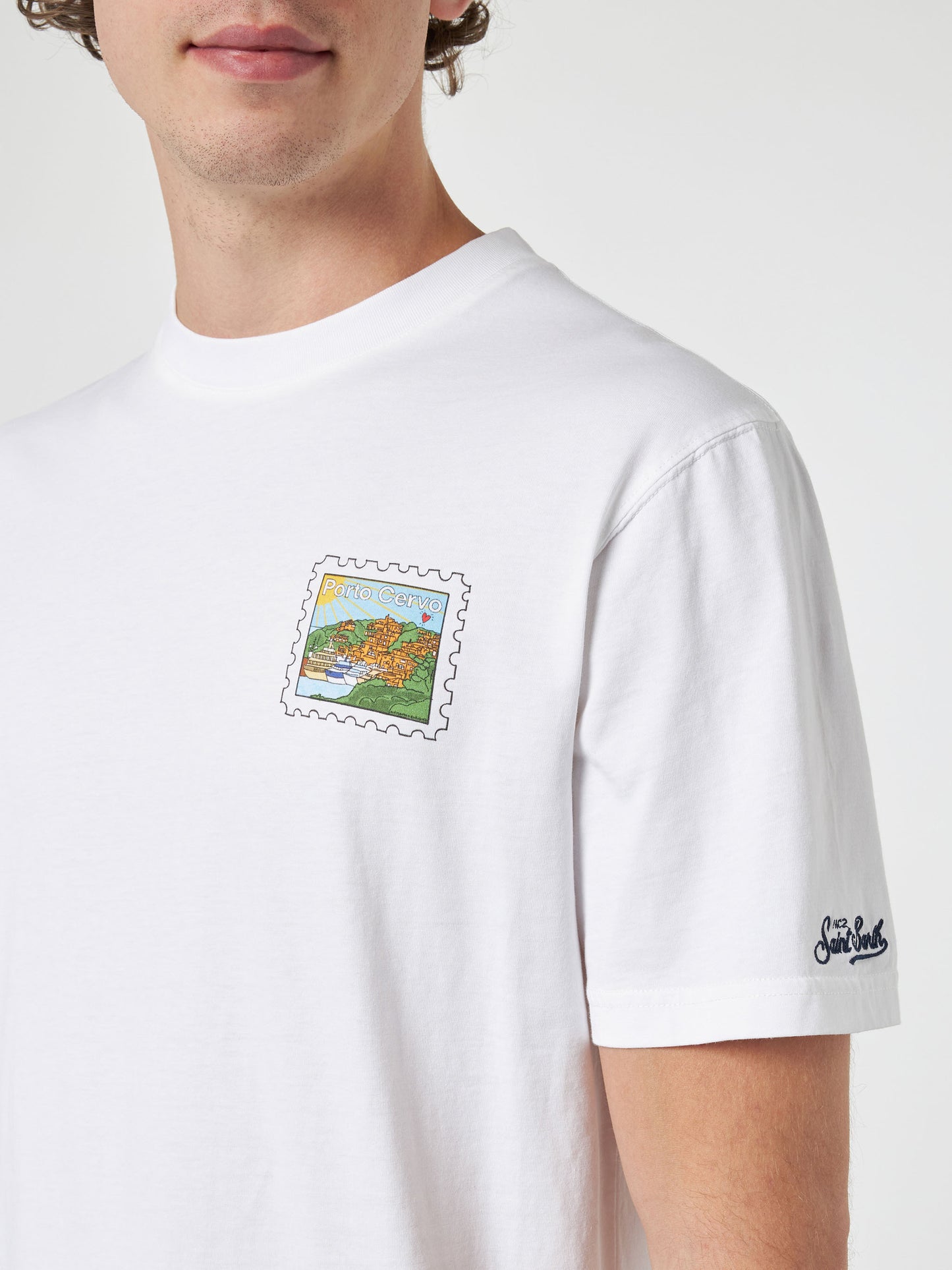 Man cotton t-shirt with Porto Cervo postcard front and back print | ALESSANDRO ENRIQUEZ SPECIAL EDITION - MC2 Saint Barth