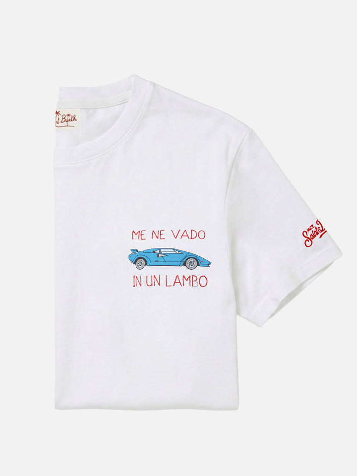 T-shirt In un lambo con ricamo e stampa auto bianco