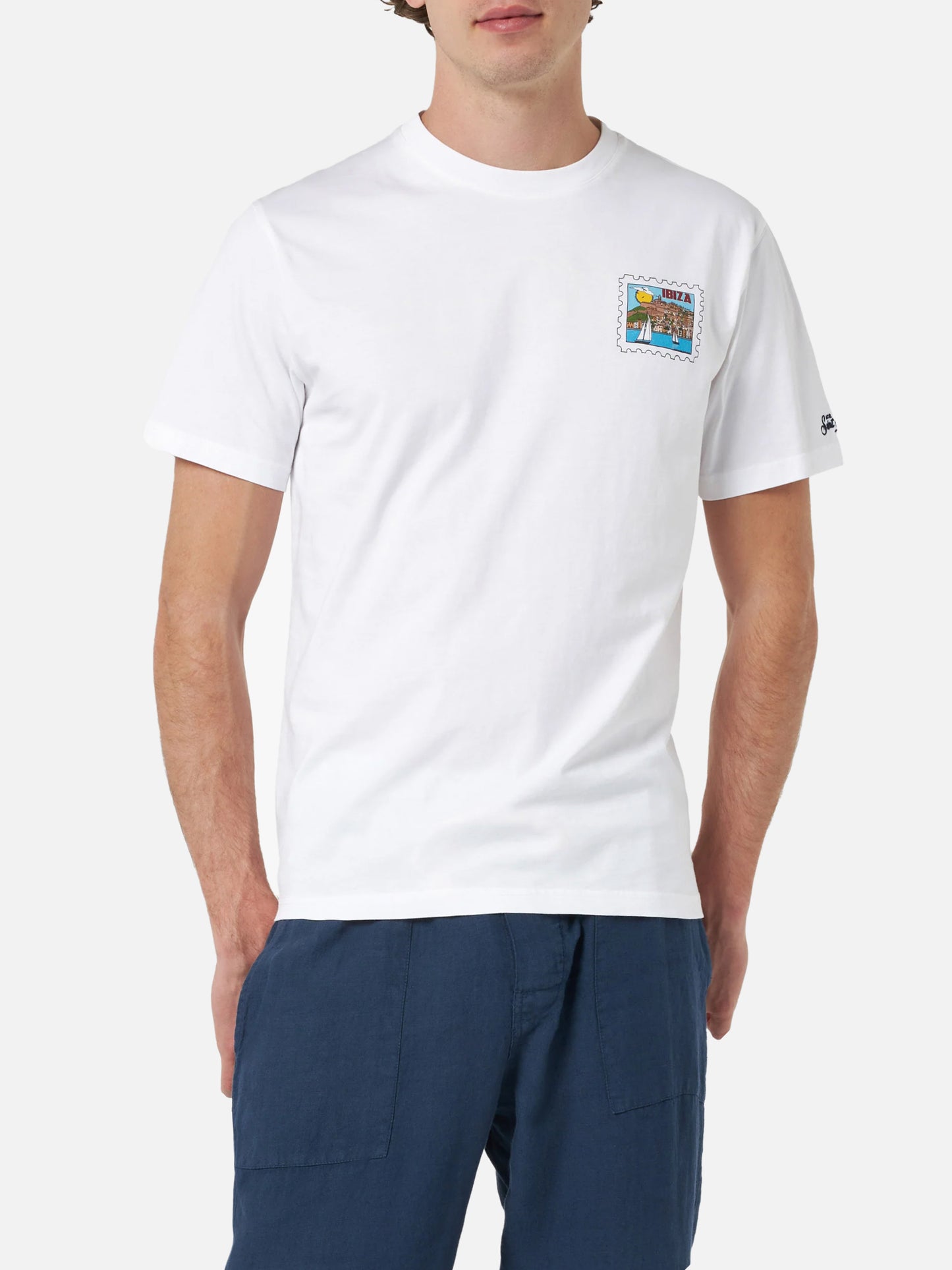 Man cotton t-shirt with Ibiza postcard front and back print | ALESSANDRO ENRIQUEZ SPECIAL EDITION