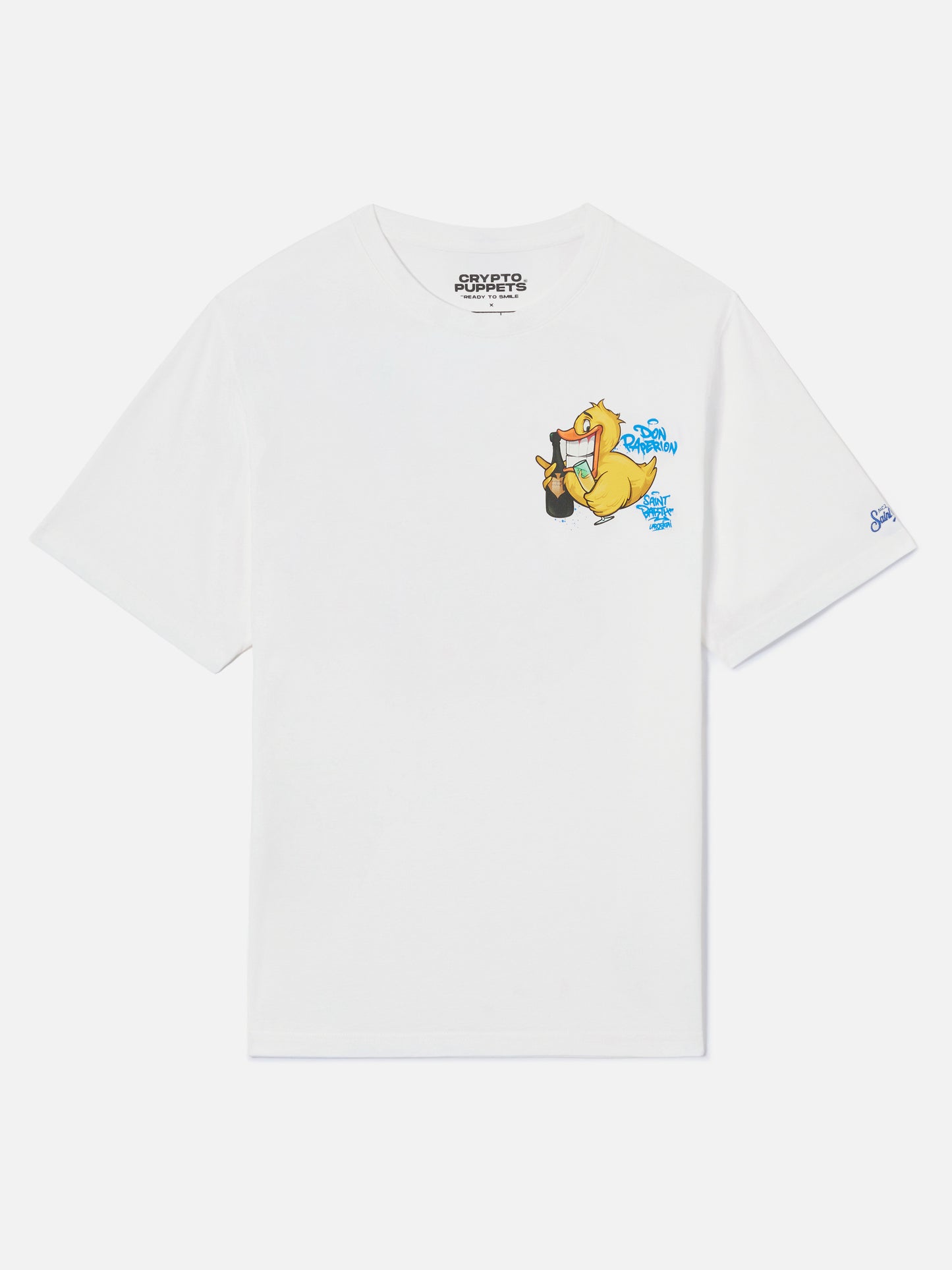 Herren-Baumwoll-T-Shirt mit platziertem Aufdruck „Cryptopuppets Ducky Bollicine“ auf Vorder- und Rückseite | CRYPTOPUPPET-SONDERAUSGABE