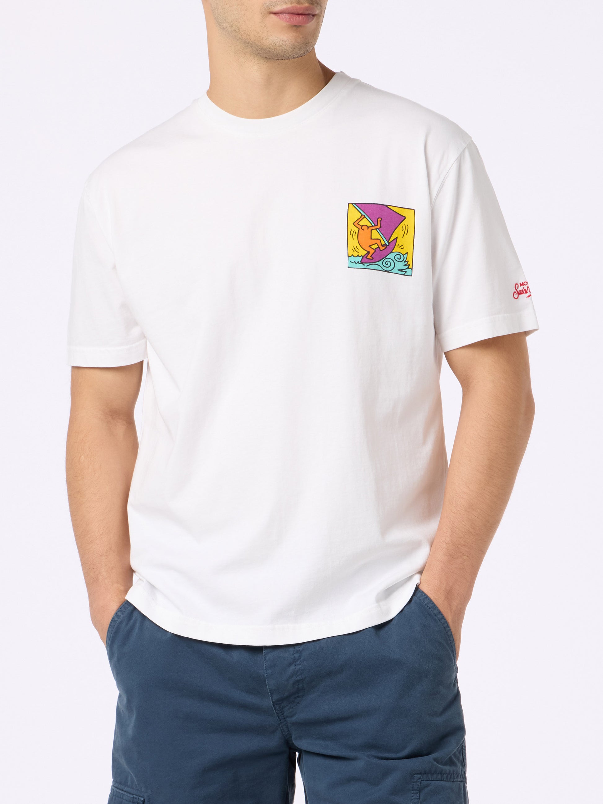 Man cotton t-shirt with Keith Haring design front and back print | KEITH HARING SPECIAL EDITION - MC2 Saint Barth