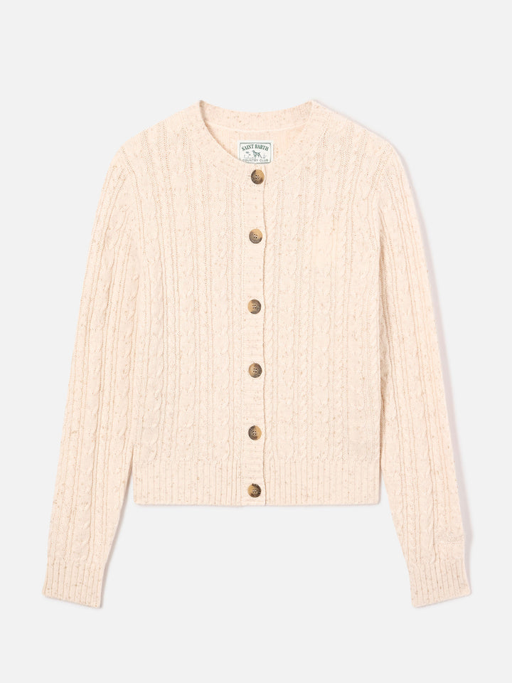 Cardigan Ursule grano in misto lana Donegal con punto trecce