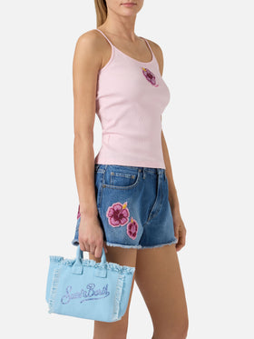 Borsa Vanity mini in canvas azzurro con logo in strass