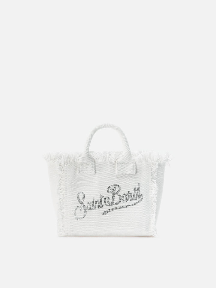 Borsa Vanity mini in canvas bianca con logo in strass