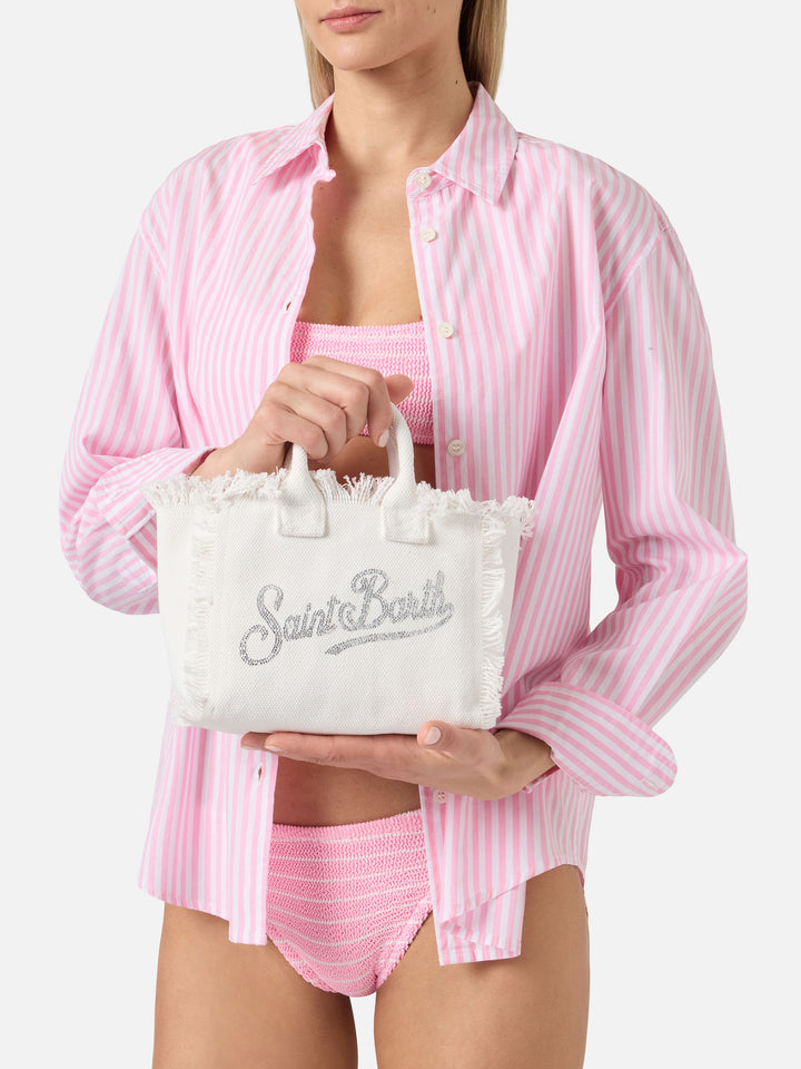 Borsa Vanity mini in canvas bianca con logo in strass