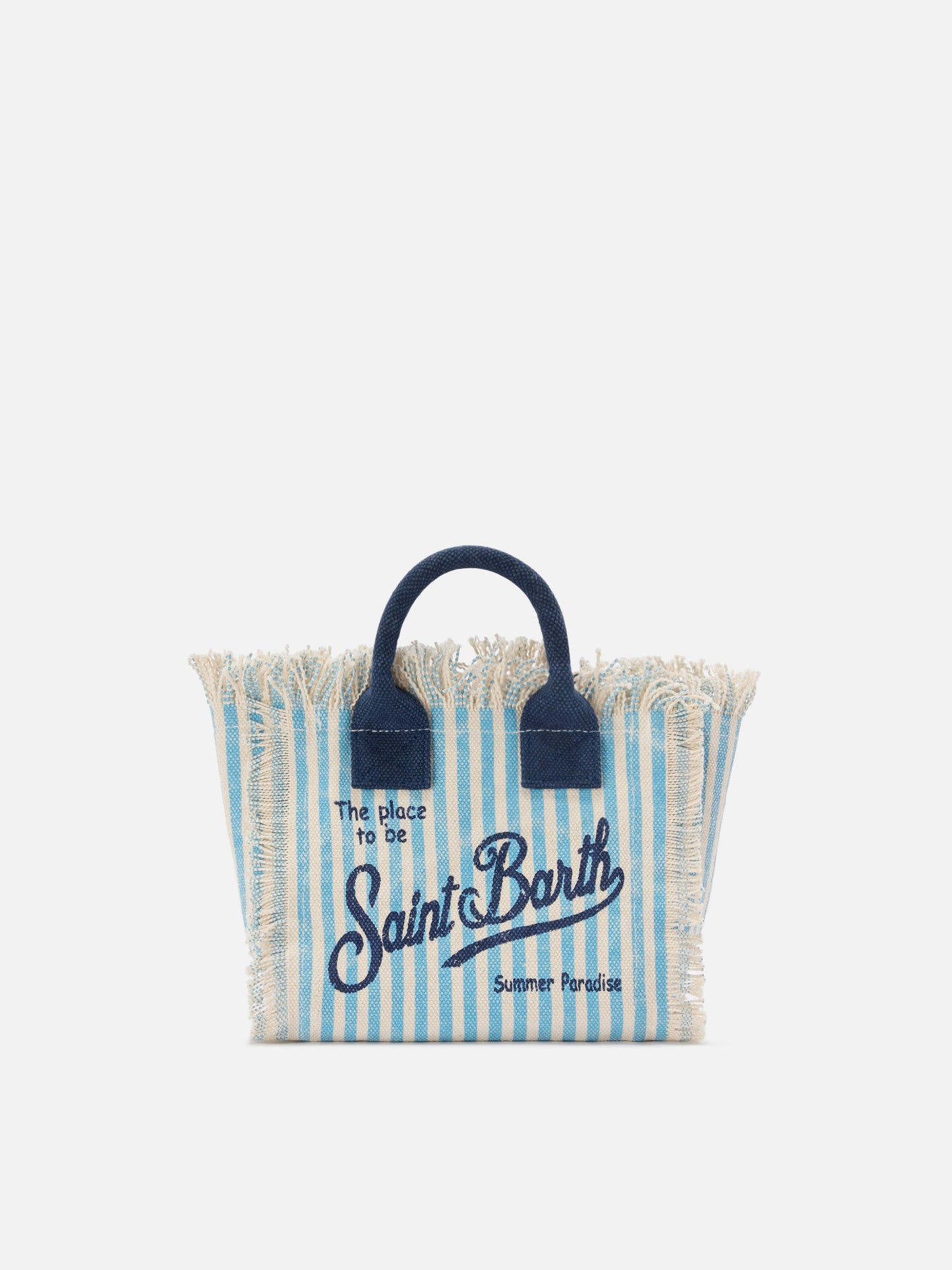 Borsa Vanity mini in canvas a righe azzurre con dettagli blu