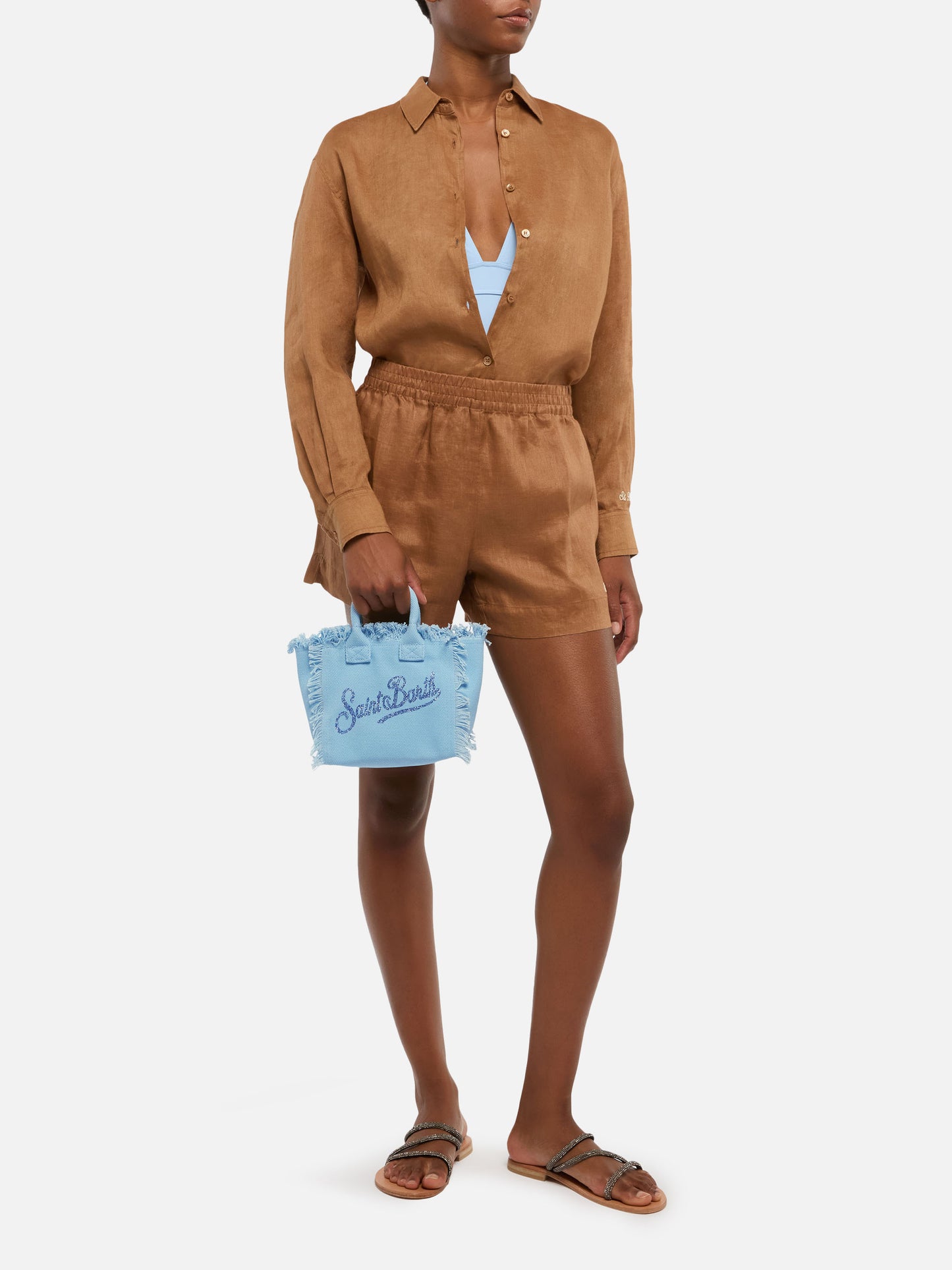 Light blue canvas Vanity mini bag with rhinestone logo