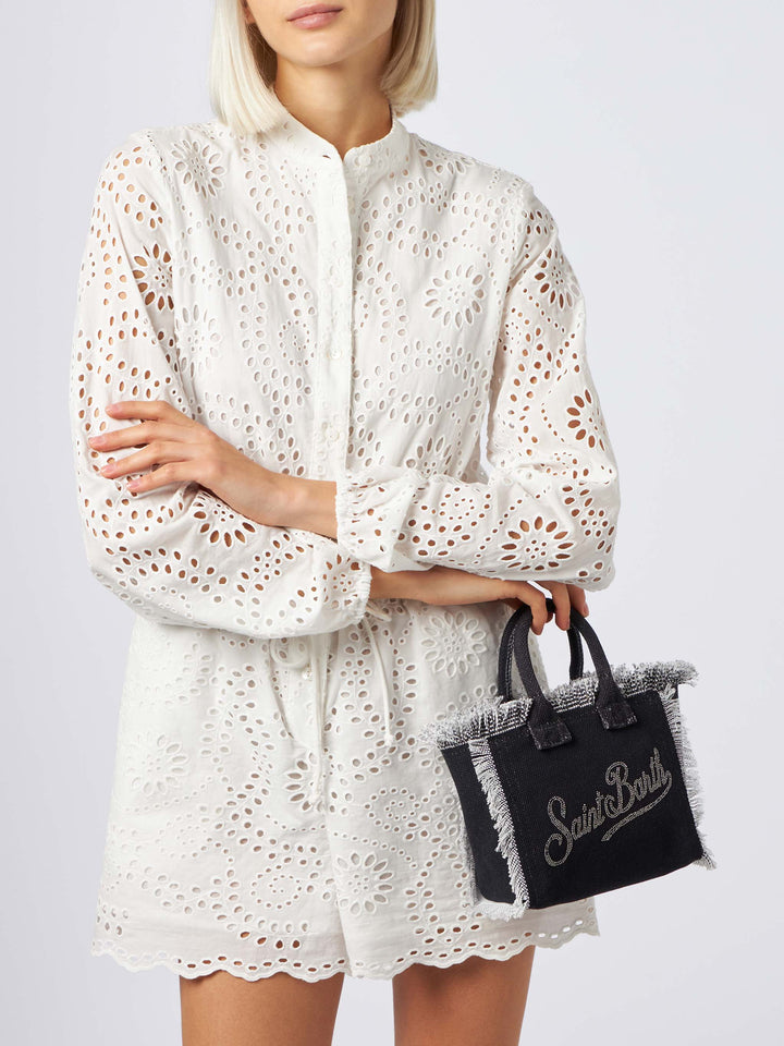 Cotton canvas Mini Vanity bag with silver rhinestones logo