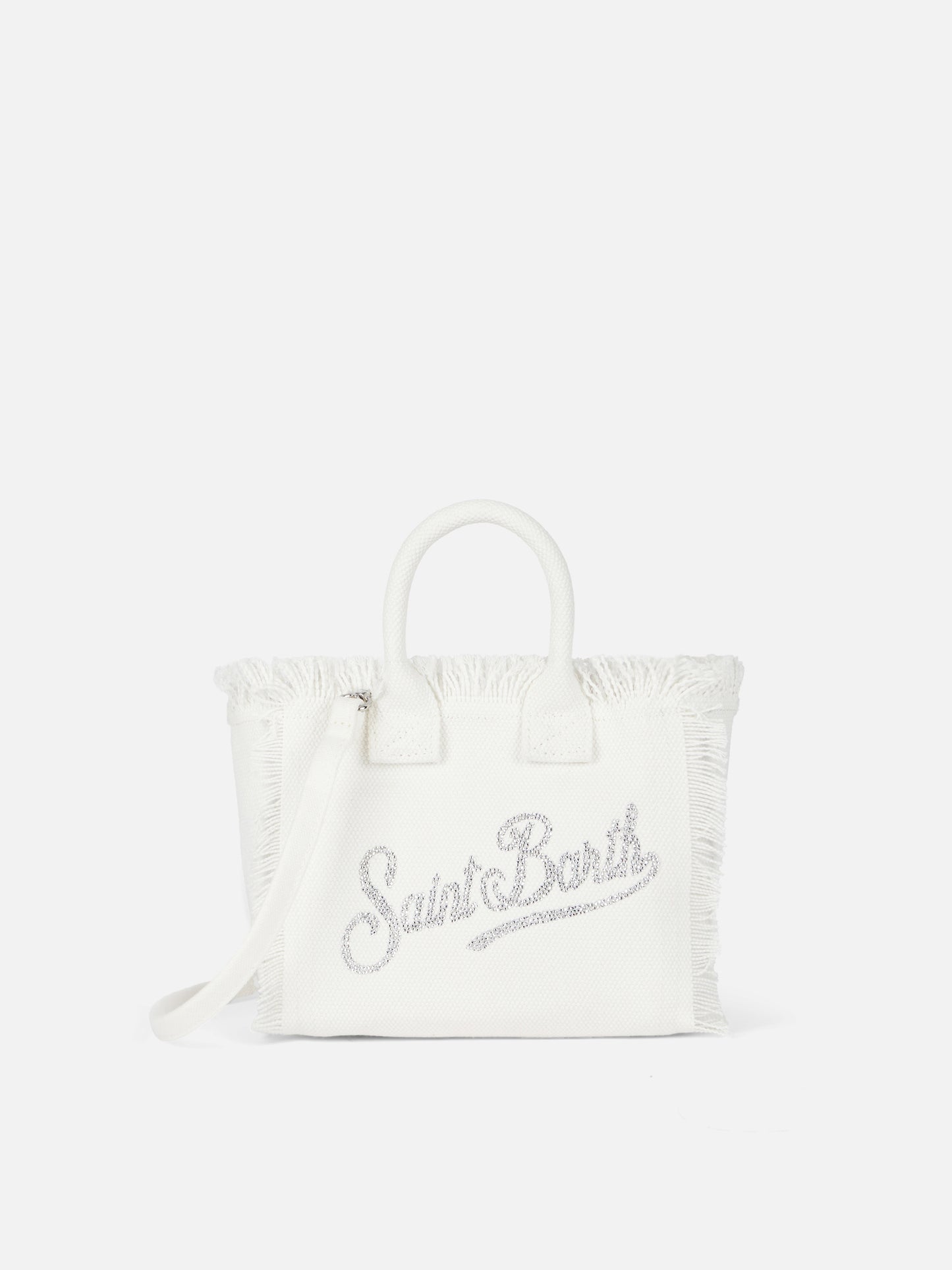Mini borsa Vanity in canvas di cotone bianco con strass