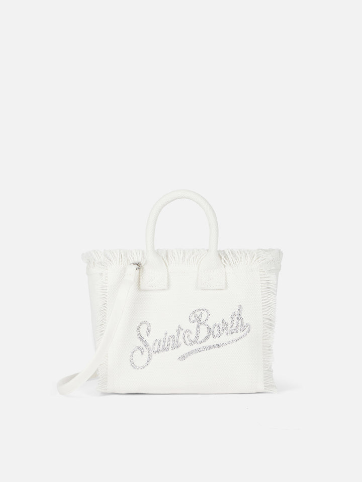 Weiße Vanity Mini-Handtasche aus Baumwollcanvas mit Strasssteinen