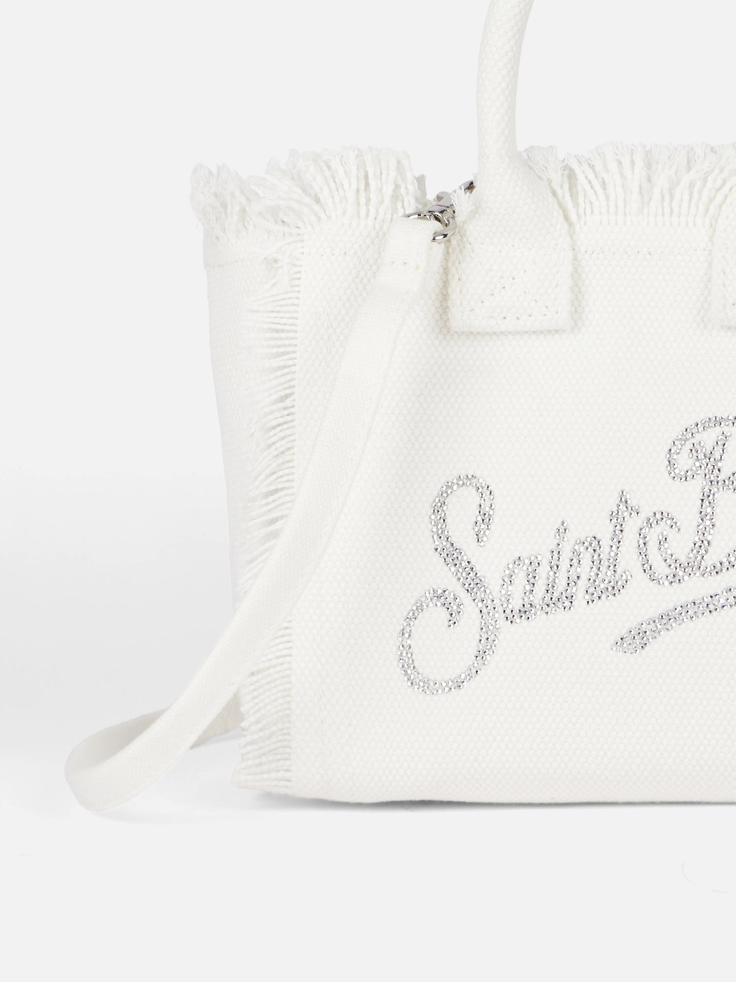 Mini borsa Vanity in canvas di cotone bianco con strass