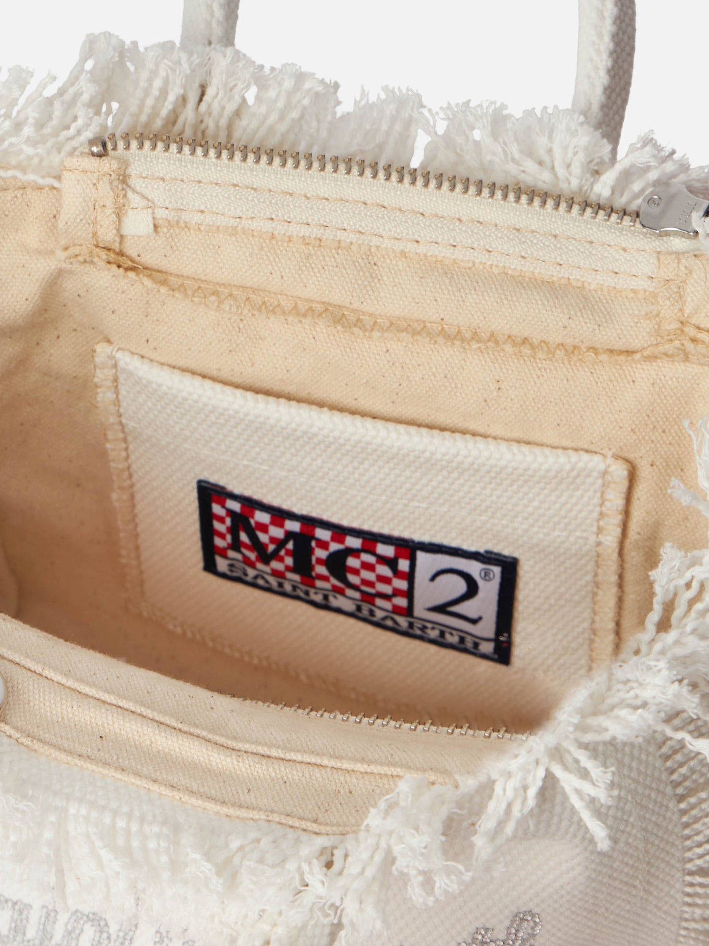 Mini borsa Vanity in canvas di cotone bianco con strass
