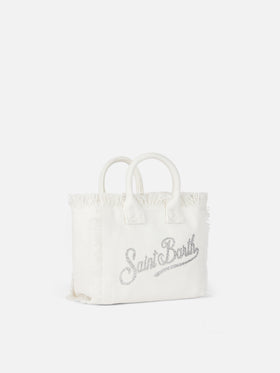 Mini borsa Vanity in canvas di cotone bianco con strass