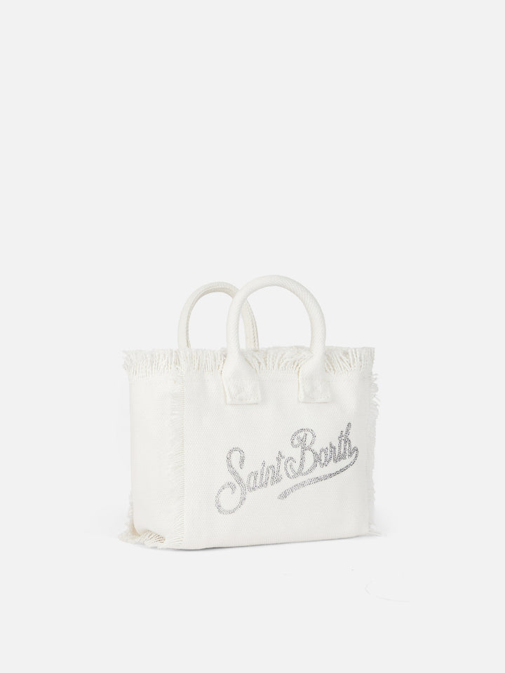 Weiße Vanity Mini-Handtasche aus Baumwollcanvas mit Strasssteinen