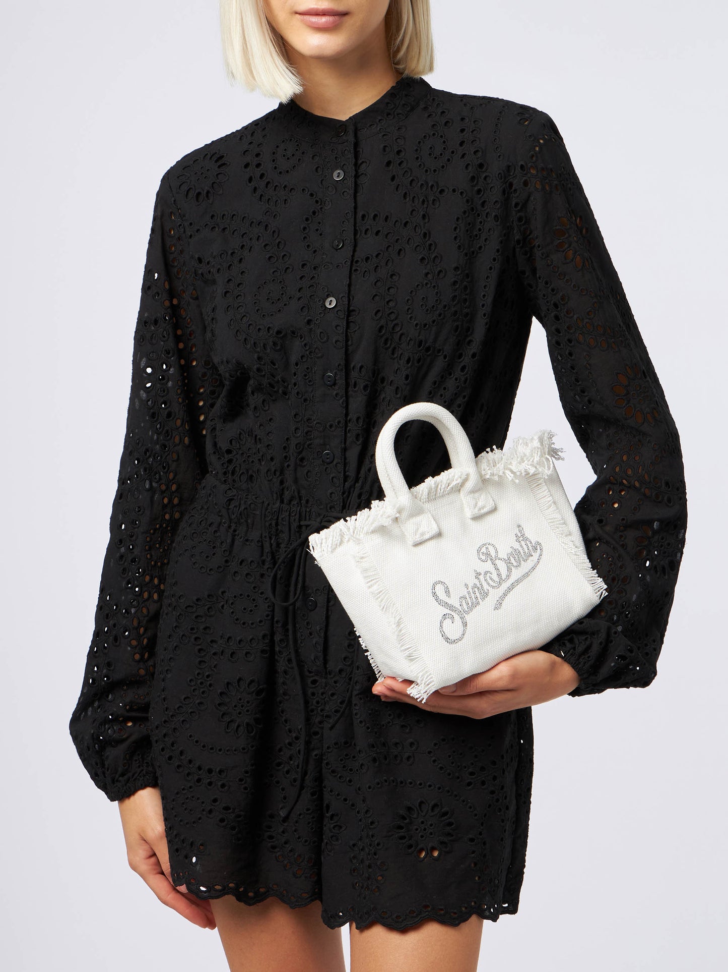 Mini borsa Vanity in canvas di cotone bianco con strass