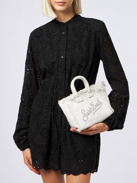 Mini borsa Vanity in canvas di cotone bianco con strass