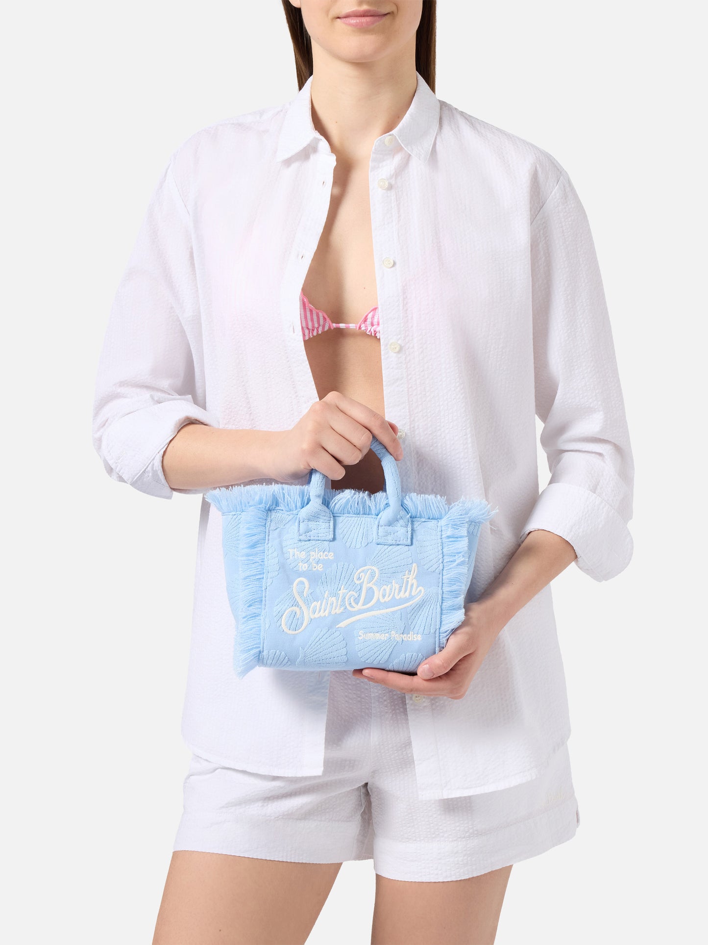 Borsa Vanity mini in tessuto effetto spugna con conchiglie in rilievo