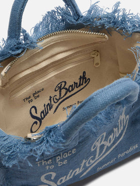 Borsa Vanity mini in lino blu tinta unita con tracolla removibile