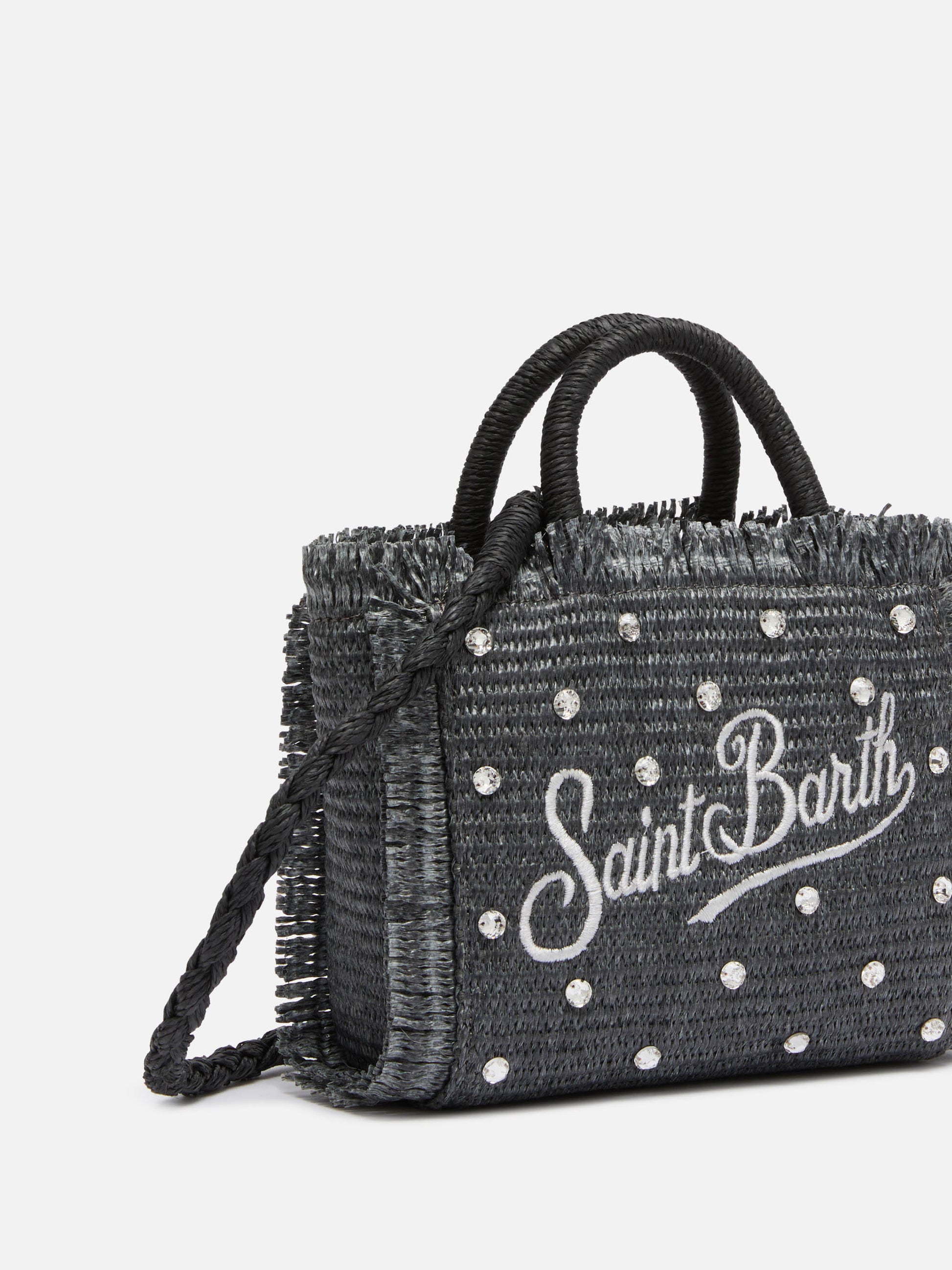 Black Mini Vanity Straw bag with rhinestone embellishment - MC2 Saint Barth
