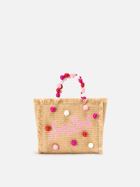 Vanity mini straw effect bag with beaded handle