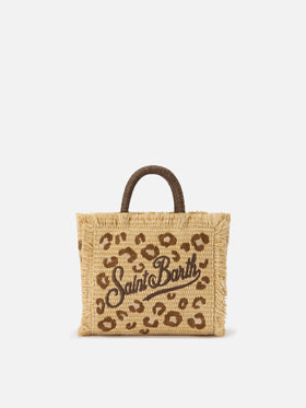 Borsa Vanity mini in tessuto effetto paglia con ricamo leopardato
