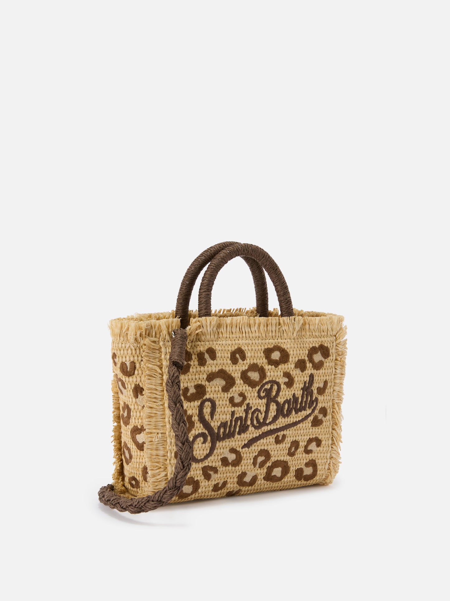 Borsa Vanity mini in tessuto effetto paglia con ricamo leopardato