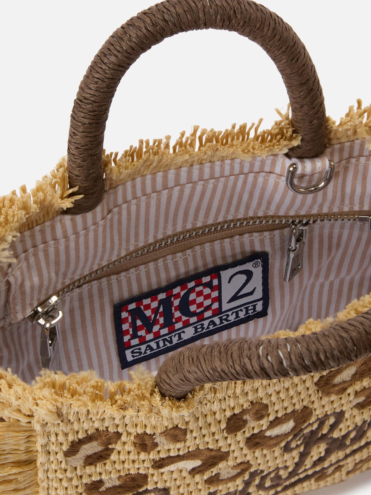 Borsa Vanity mini in tessuto effetto paglia con ricamo leopardato