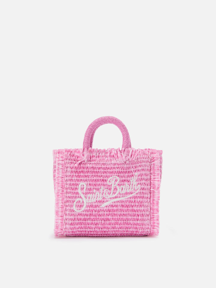 Borsa Vanity micro effetto paglia con dettagli rosa