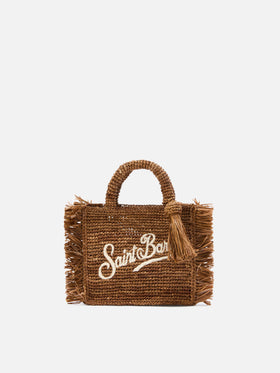 Braune Vanity Mini-Tasche aus Raffia mit seitlichen Fransen 