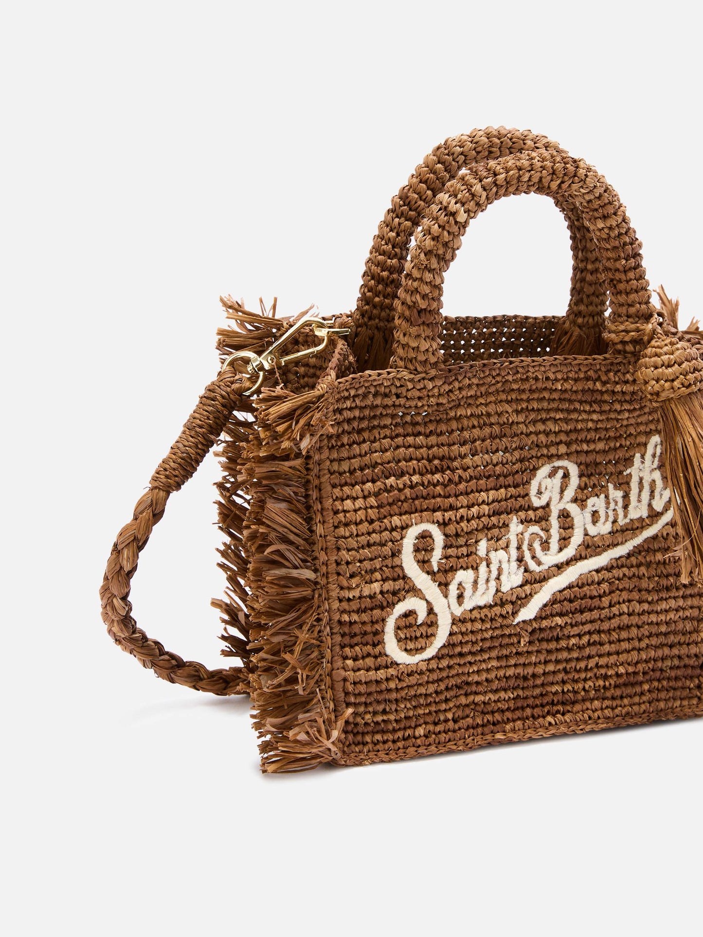 Braune Vanity Mini-Tasche aus Raffia mit seitlichen Fransen 