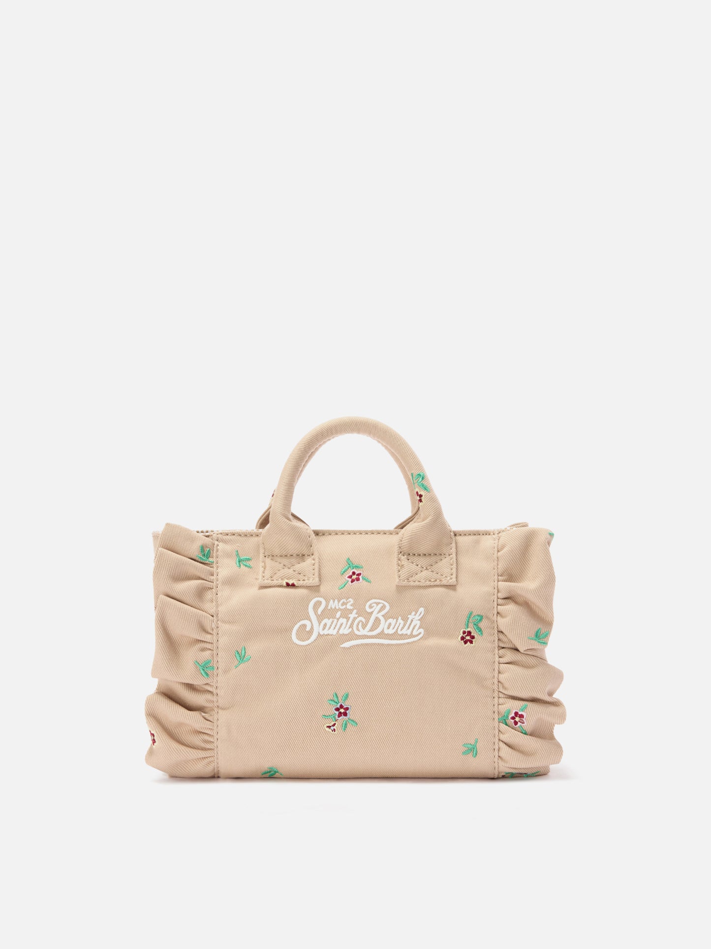 Beige Denim Vanity mini volant bag with embroidered flowers