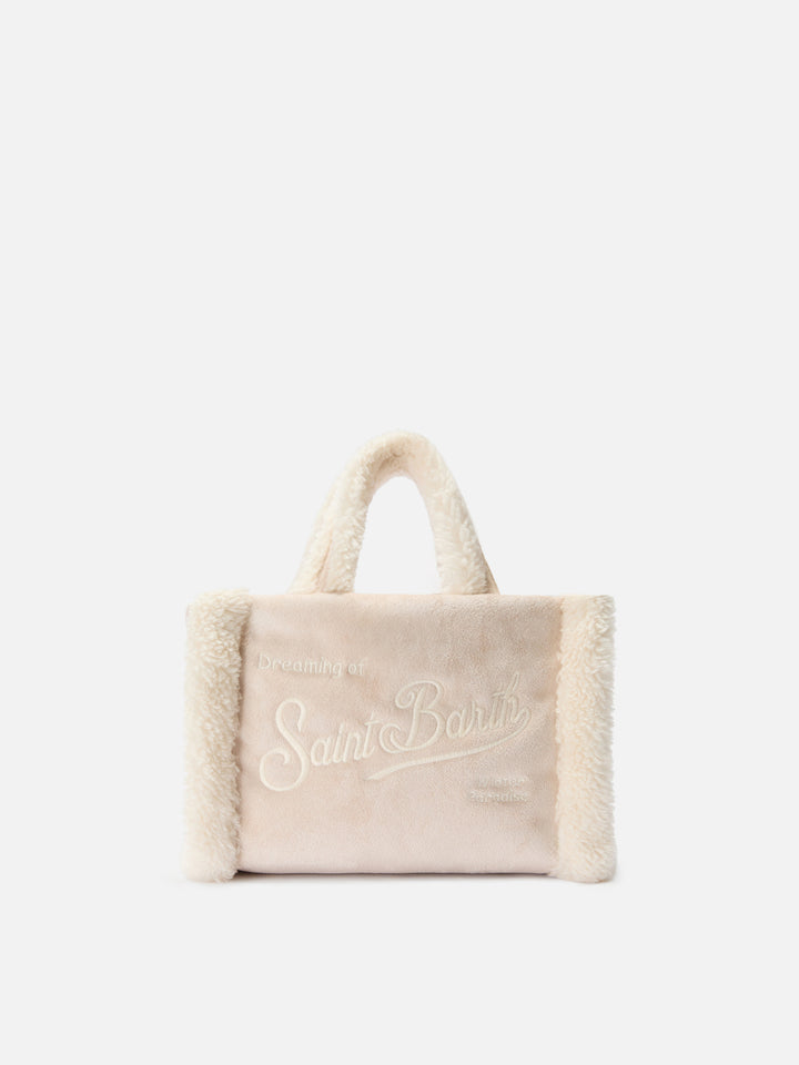 Vanity Mini Shearling Soft Handbag in beige shearling