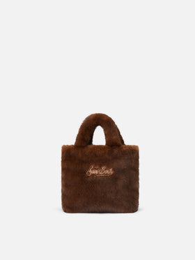 Sac Mini Vanity Soft marron en fausse fourrure avec broderie logo 