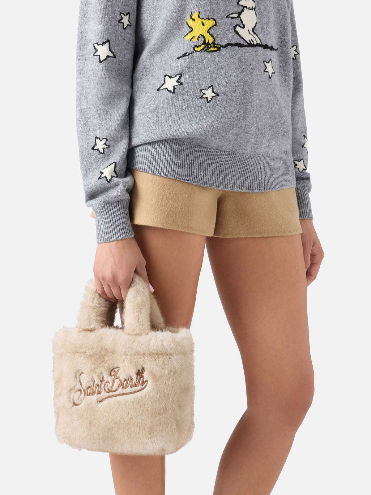 Borsa Mini Vanity Soft beige in effetto pelliccia con ricamo logo