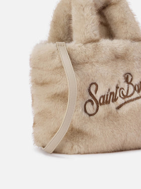 Borsa Mini Vanity Soft beige in effetto pelliccia con ricamo logo