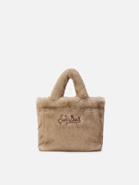 Borsa morbida a mano Vanity Mini Soft in faux fur beige