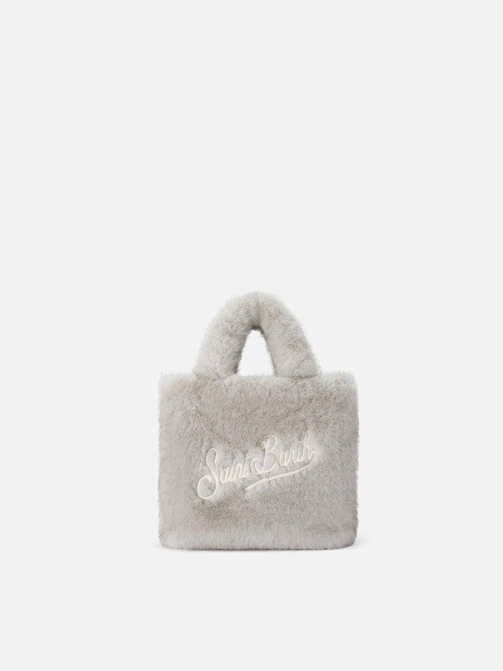 Graue Mini Vanity Soft Tasche aus Kunstfell mit Logo-Stickerei 