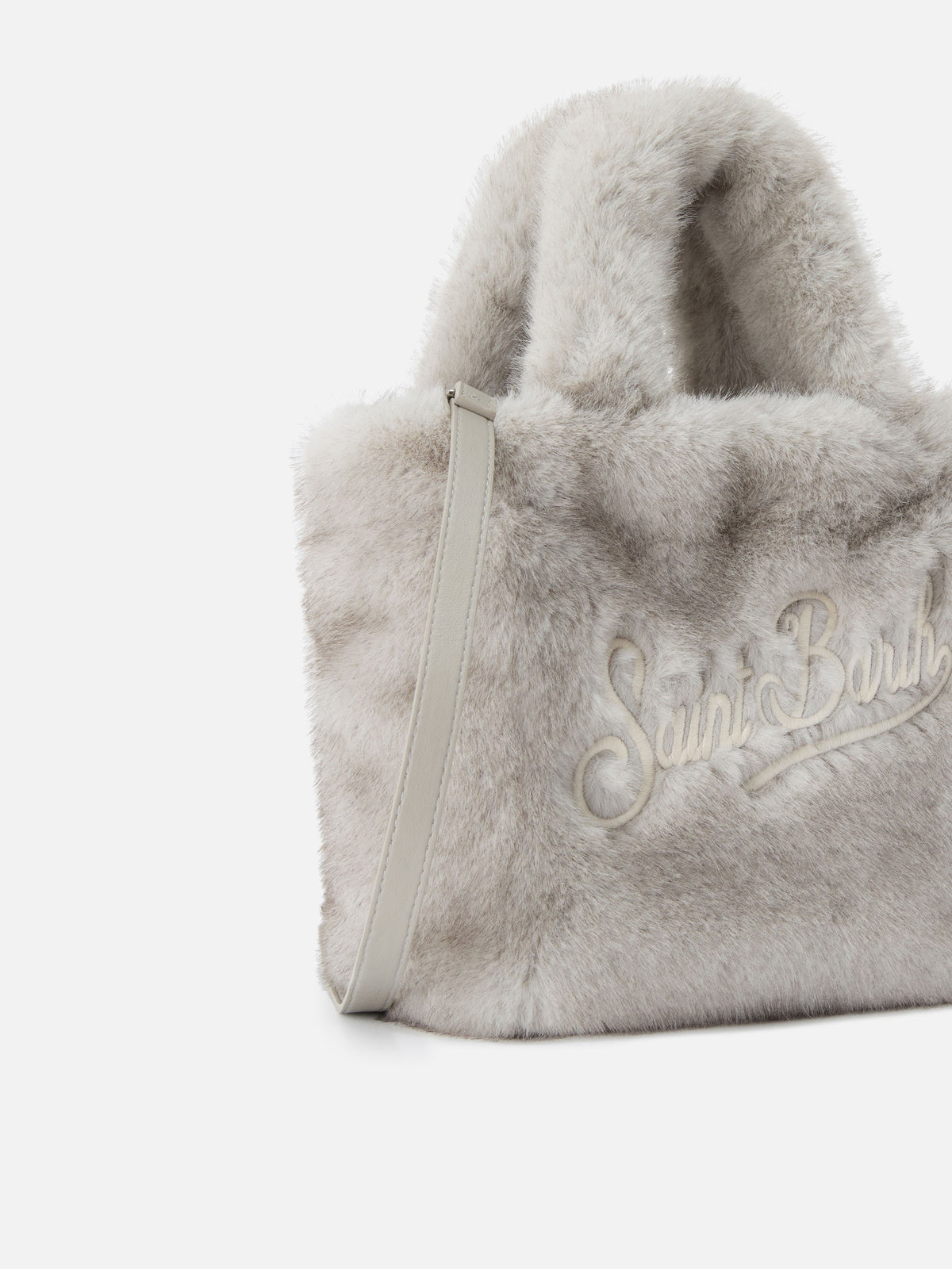 Graue Mini Vanity Soft Tasche aus Kunstfell mit Logo-Stickerei 