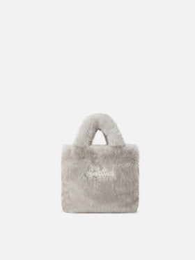 Graue Mini Vanity Soft Tasche aus Kunstfell mit Logo-Stickerei 