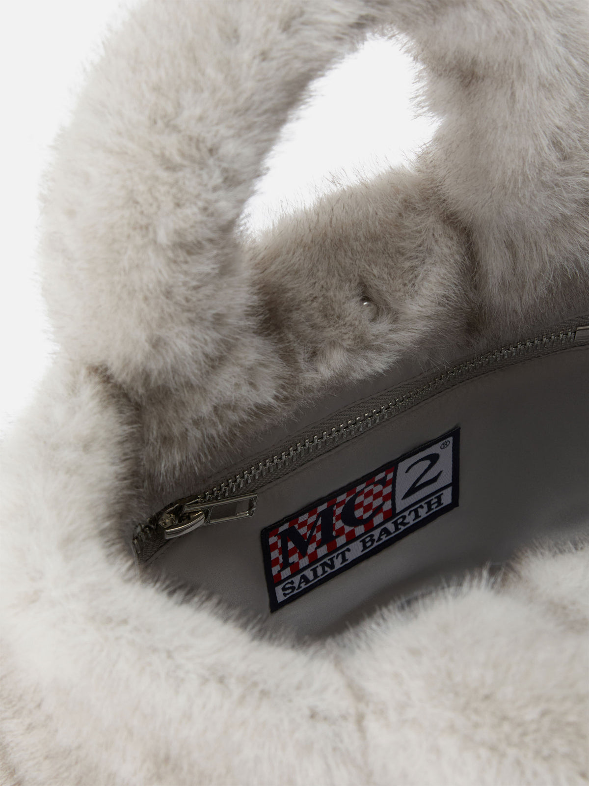Graue Mini Vanity Soft Tasche aus Kunstfell mit Logo-Stickerei 